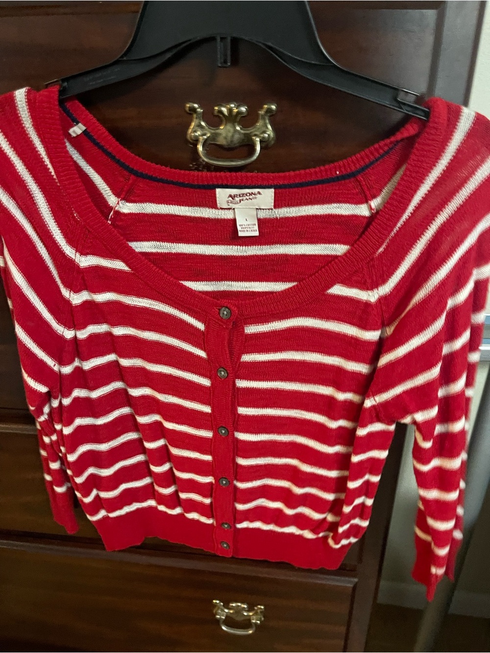 Arizona Jean Company Red and White Striped Button-Front Cardigan